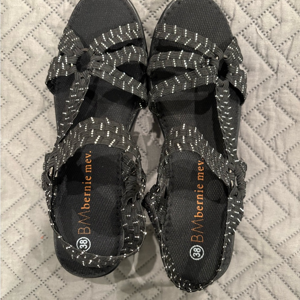 bernie mev. Black Woven Sandals with Stretchy Slip-On Design